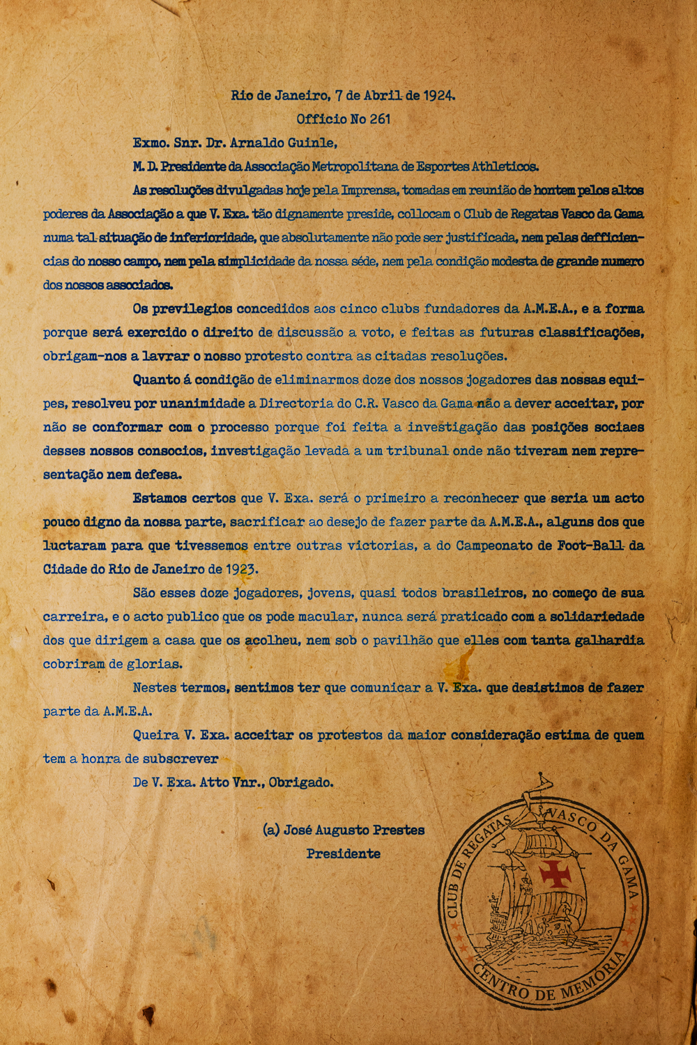 Carta de resposta do Vasco enviada a EMEA (Imagem: site Vasco da Gama / http://vasco.com.br)